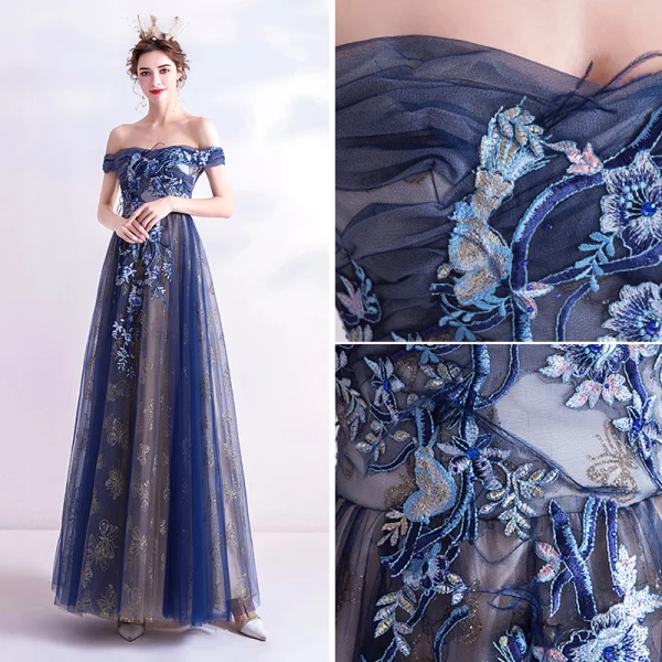 Élégant Bleu Marine Robe De Soirée 2020 Princesse Glitter De l'épaule Perlage En Dentelle Fleur Sans Manches Dos Nu Longue Robe De Ceremonie
