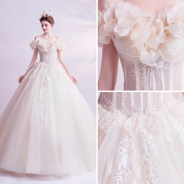 Charmant Ivoire Robe De Mariée 2020 Robe Boule De l'épaule Glitter Perlage Paillettes En Dentelle Fleur Appliques Manches Courtes Dos Nu Longue