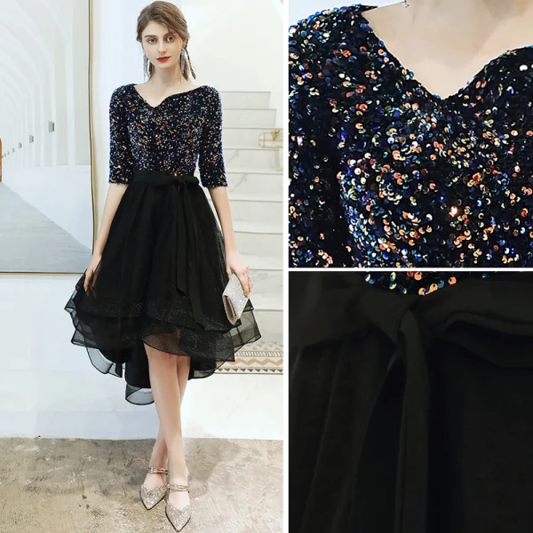 Fashion Black Cocktail Dresses 2020 A-Line / Princess V-Neck Sequins Bow 1/2 Sleeves Asymmetrical Formal Dresses