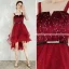 Fashion Burgundy Homecoming Graduation Dresses 2020 A-Line / Princess Suede Spaghetti Straps Star Sequins Rhinestone Sash Sleeveless Backless Asymmetrical Formal Dresses