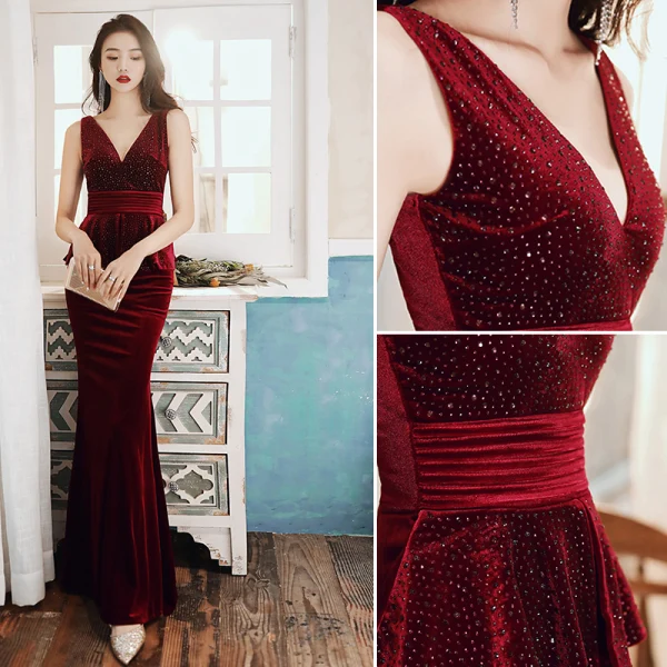 Sexy Bordeaux Daim Robe De Soirée 2020 Trompette / Sirène V-Cou Cristal Sans Manches Dos Nu Longue Robe De Ceremonie
