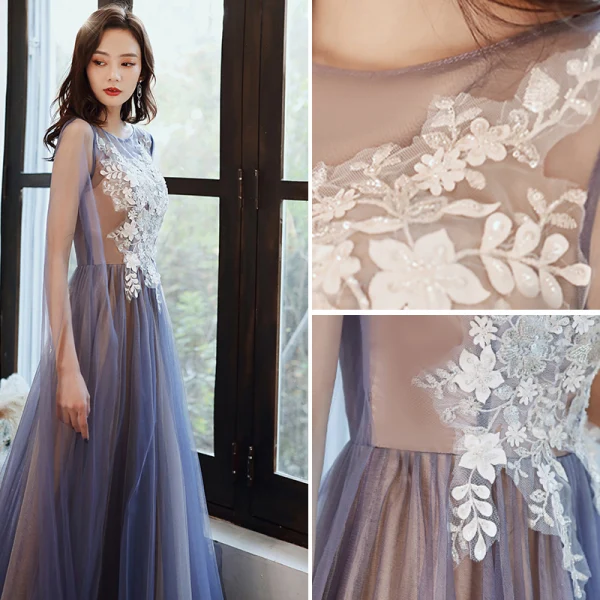 Elegant Ocean Blue Evening Dresses 2020 A-Line / Princess Scoop Neck Appliques Lace Flower Beading Sequins Sleeveless Backless Floor-Length / Long Formal Dresses
