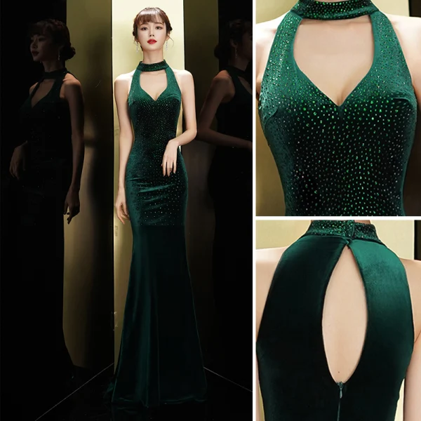 Sexy Dark Green Suede Evening Dresses 2020 Trumpet / Mermaid Scoop Neck Rhinestone Sleeveless Floor-Length / Long Formal Dresses