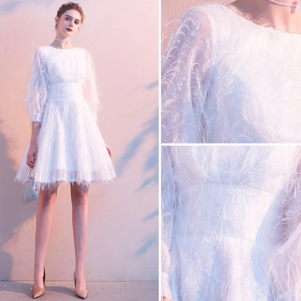 Elegante Ivory / Creme Heimkehr Quaste Abiballkleider 2020 A Linie Rundhalsausschnitt 3/4 Ärmel Schleife Kurze Festliche Kleider