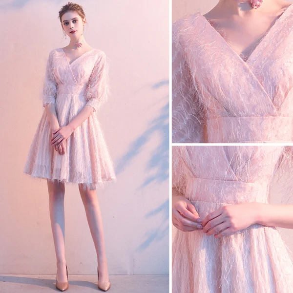 Chic / Beautiful Blushing Pink Homecoming Tassel Graduation Dresses 2020 A-Line / Princess V-Neck 1/2 Sleeves Backless Short Formal Dresses