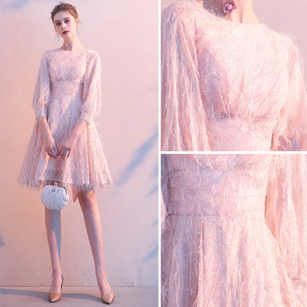 Fashion Blushing Pink Homecoming Tassel Graduation Dresses 2020 A-Line / Princess Scoop Neck Bow 3/4 Sleeve Short Formal Dresses