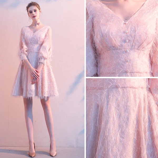 Chic / Beautiful Blushing Pink Homecoming Graduation Dresses 2020 A-Line / Princess V-Neck Tassel 3/4 Sleeve Short Formal Dresses