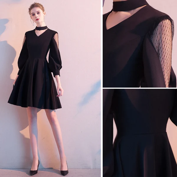 formal dress finder Berylove Women Black and White Work Dress Long Sleeve A Line Square Neck Short  Formal Dress main image 1