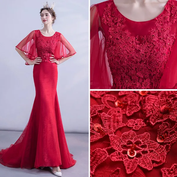 Chic / Beautiful Burgundy Evening Dresses 2020 Trumpet / Mermaid Scoop Neck Beading Sequins Lace Flower 1/2 Sleeves Backless Sweep Train Formal Dresses