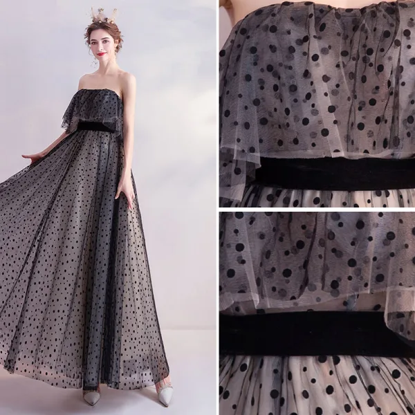 Chic / Beautiful Black Homecoming Spotted Graduation Dresses 2020 A-Line / Princess Strapless Sleeveless Backless Floor-Length / Long Formal Dresses