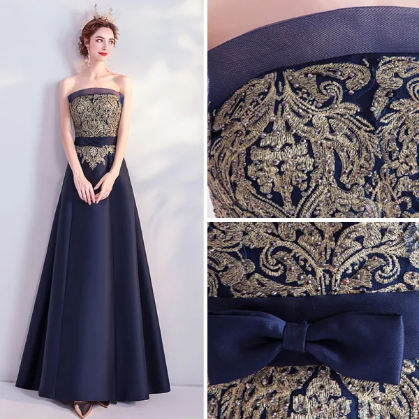 Vintage Marineblau Abendkleider 2020 A Linie Bandeau Strass Spitze Blumen Schleife Ärmellos Rückenfreies Lange Festliche Kleider