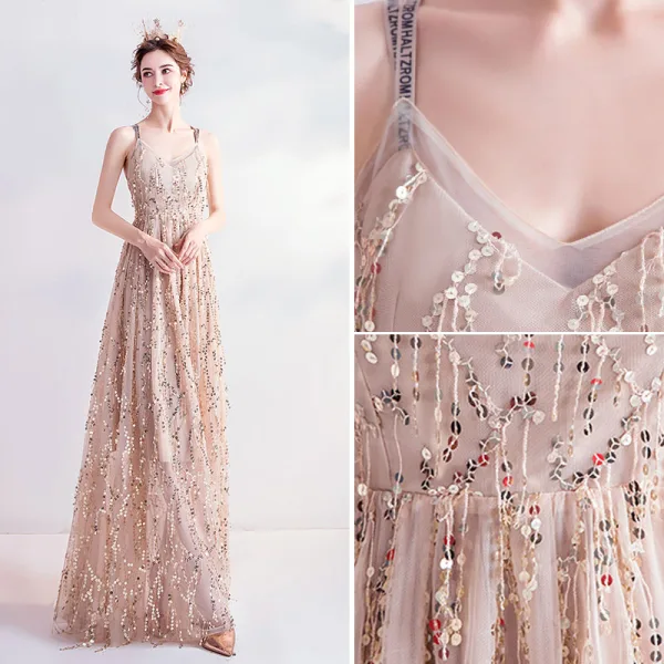 Fashion Gold Evening Dresses 2020 A-Line / Princess Spaghetti Straps Sequins Tassel Sleeveless Backless Floor-Length / Long Formal Dresses