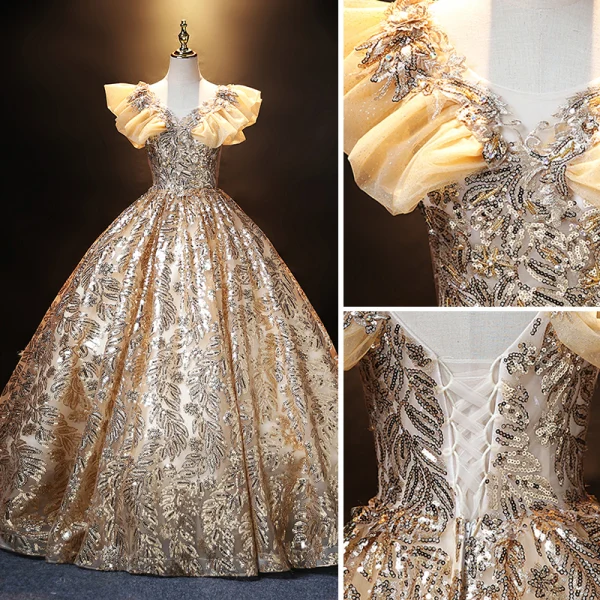 Sparkly Gold Sequins Prom Dresses 2021 Ball Gown V-Neck Lace Flower Rhinestone Ruffle Short Sleeve Backless Floor-Length / Long Prom Formal Dresses