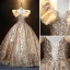 Sparkly Gold Sequins Prom Dresses 2021 Ball Gown V-Neck Lace Flower Rhinestone Ruffle Short Sleeve Backless Floor-Length / Long Prom Formal Dresses