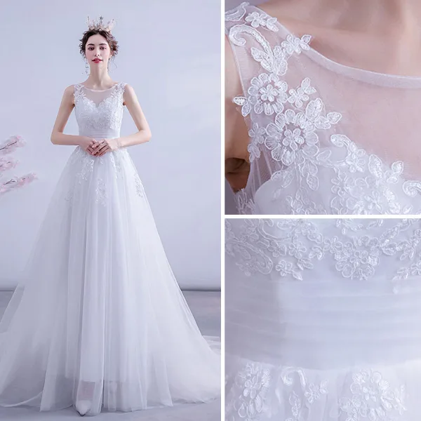 Abordable Blanche Robe De Mariée 2020 Princesse Encolure Dégagée En Dentelle Fleur Sans Manches Dos Nu Tribunal Train