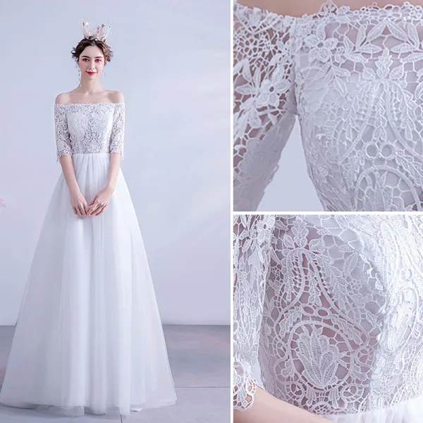 Affordable White Wedding Dresses 2020 A-Line / Princess Off-The-Shoulder Lace Flower 1/2 Sleeves Backless Floor-Length / Long Wedding