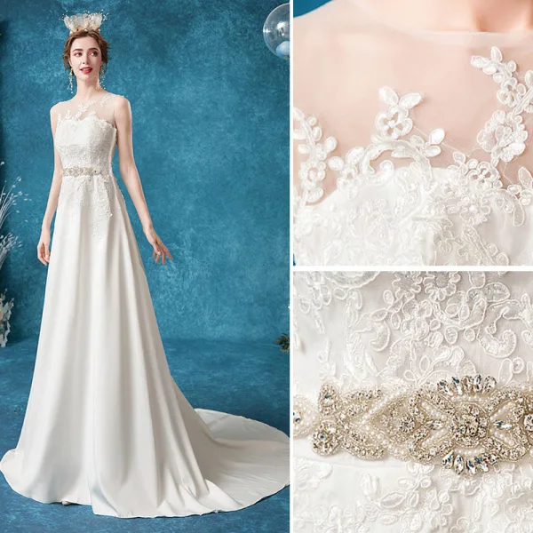 Abordable Ivoire Robe De Mariée 2020 Princesse Encolure Dégagée Perlage Cristal Perle En Dentelle Fleur Sans Manches Train De Balayage