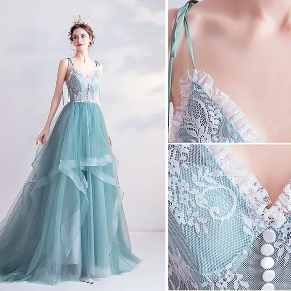 Elegancka Limonkowy Sukienki Na Bal 2020 Princessa Spaghetti Pasy Z Koronki Kwiat Bez Rękawów Bez Pleców Kaskadowe Falbany Trenem Sweep Sukienki Wizytowe