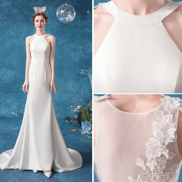 Affordable Ivory Wedding Dresses 2020 Trumpet / Mermaid Scoop Neck Lace Flower Sleeveless Backless Court Train