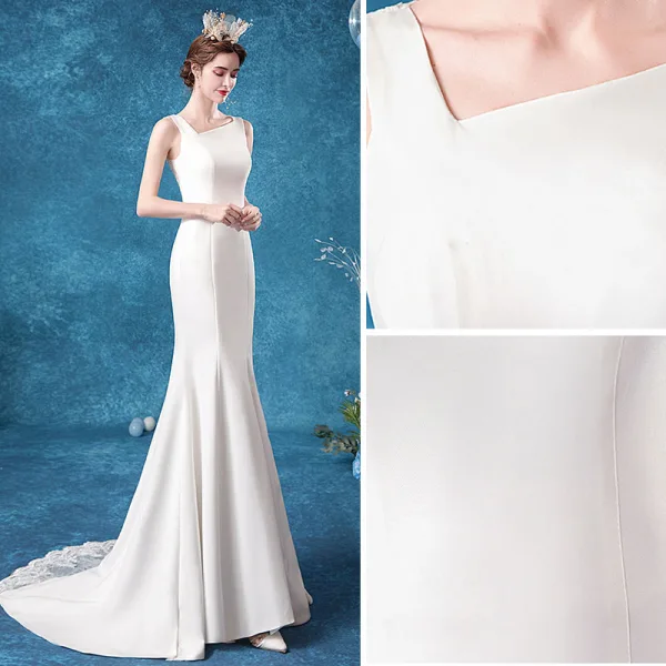 Affordable Ivory Wedding Dresses 2020 Trumpet / Mermaid Square Neckline Pierced Lace Flower Sleeveless Sweep Train
