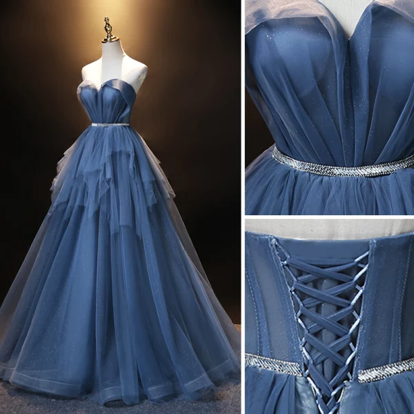 Fashion Ocean Blue Prom Dresses 2021 A-Line / Princess Strapless Rhinestone Sash Sleeveless Backless Floor-Length / Long Formal Dresses
