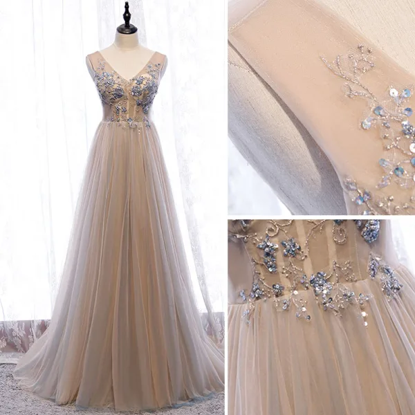 Charming Champagne Evening Dresses 2020 A-Line / Princess V-Neck Beading Pearl Rhinestone Sequins Lace Flower Sleeveless Backless Floor-Length / Long Formal Dresses