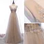 Charming Champagne Evening Dresses  2020 A-Line / Princess V-Neck Beading Pearl Rhinestone Sequins Lace Flower Sleeveless Backless Floor-Length / Long Formal Dresses
