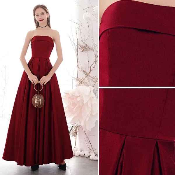 Elegant Burgundy Evening Dresses 2020 A-Line / Princess Strapless Sleeveless Backless Floor-Length / Long Formal Dresses