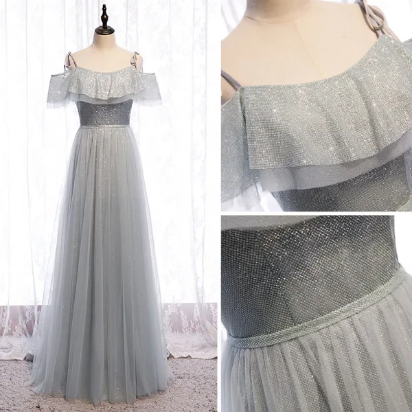 Scintillantes Argenté Gris Robe De Soirée 2020 Princesse Bretelles Spaghetti Paillettes Manches Courtes Dos Nu Longue Robe De Ceremonie