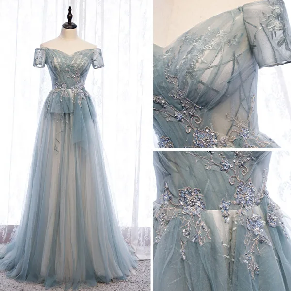 Charmant Himmelblau Abendkleider 2020 A Linie Perlenstickerei Perle Pailletten Spitze Blumen Off Shoulder Rückenfreies Lange Festliche Kleider
