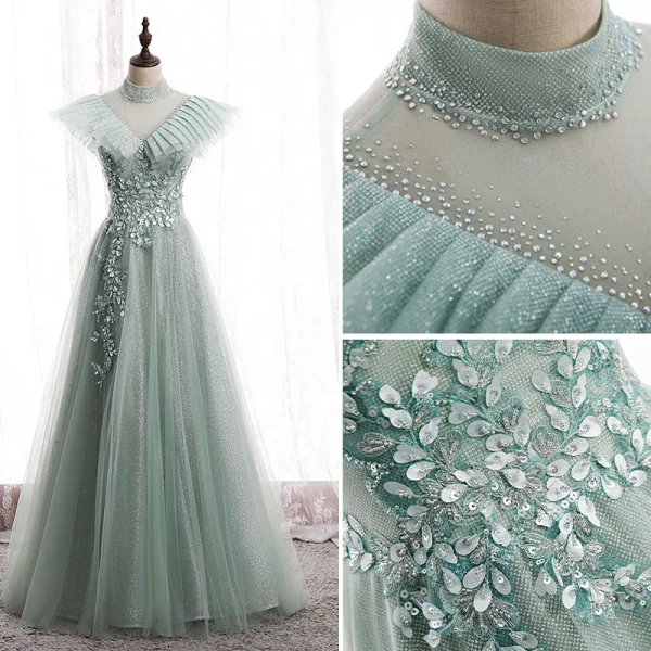 Vintage / Retro Sage Green Prom Dresses A-Line / Princess 2020 Scoop Neck Beading Rhinestone Sequins Sleeveless Backless Floor-Length / Long Formal Dresses