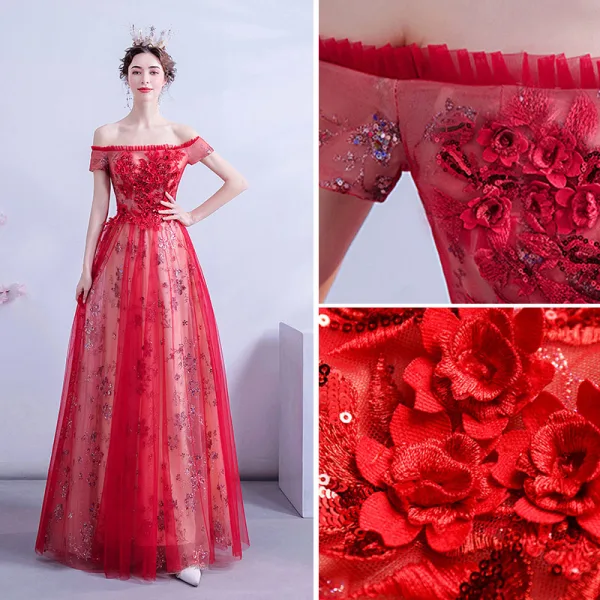 Charmant Rot Abendkleider 2020 A Linie Off Shoulder Pailletten Spitze Blumen Kurze Ärmel Rückenfreies Lange Festliche Kleider