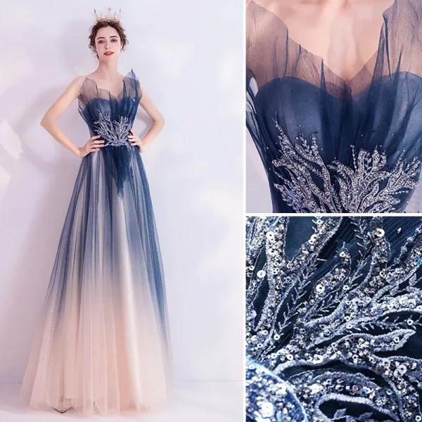 Charmant Marineblau Abendkleider 2020 A Linie Bandeau Perlenstickerei Pailletten Spitze Blumen Ärmellos Rückenfreies Lange Festliche Kleider