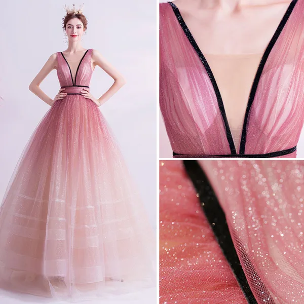 Charmant Farbverlauf Pink Ballkleider 2020 Ballkleid V-Ausschnitt Glanz Pailletten Ärmellos Rückenfreies Lange Festliche Kleider