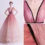 Charmant Farbverlauf Pink Ballkleider 2020 Ballkleid V-Ausschnitt Glanz Pailletten Ärmellos Rückenfreies Lange Festliche Kleider