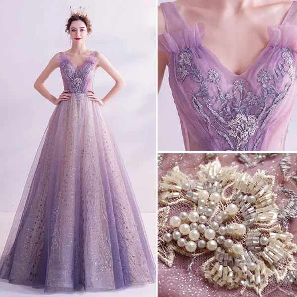 Charmant Glitter Violet Robe De Soirée 2020 Princesse V-Cou Perlage Perle En Dentelle Fleur Sans Manches Dos Nu Longue Robe De Ceremonie
