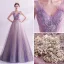 Charmant Glitter Violet Robe De Soirée 2020 Princesse V-Cou Perlage Perle En Dentelle Fleur Sans Manches Dos Nu Longue Robe De Ceremonie