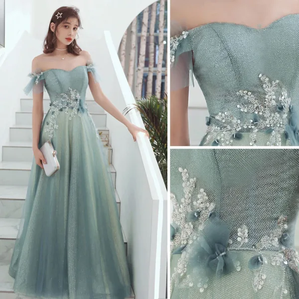 Elegant Sage Green Evening Dresses  2020 A-Line / Princess Off-The-Shoulder Beading Sequins Appliques Short Sleeve Backless Floor-Length / Long Formal Dresses