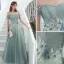 Elegant Sage Green Evening Dresses  2020 A-Line / Princess Off-The-Shoulder Beading Sequins Appliques Short Sleeve Backless Floor-Length / Long Formal Dresses