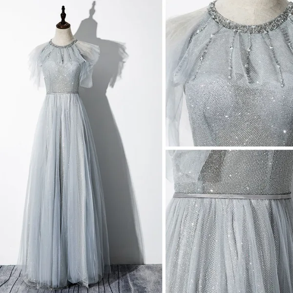 Élégant Gris Robe De Soirée 2020 Princesse Encolure Dégagée Perlage Glitter Paillettes Sans Manches Dos Nu Longue Robe De Ceremonie
