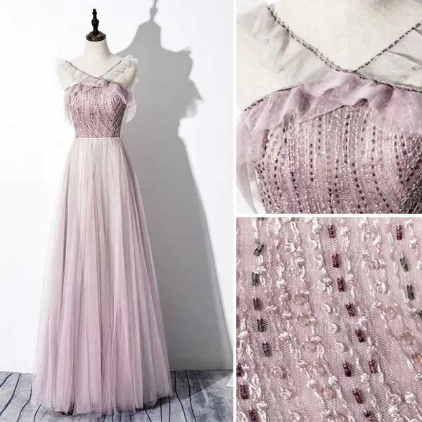 Chic / Beautiful Blushing Pink Evening Dresses  2020 A-Line / Princess V-Neck Beading Sleeveless Backless Floor-Length / Long Formal Dresses