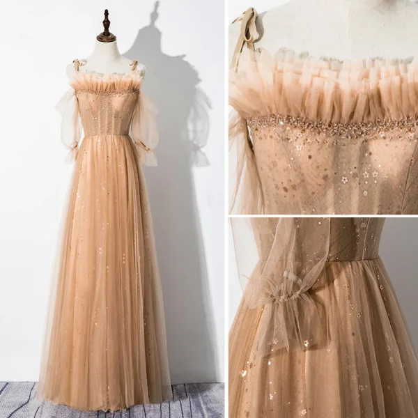 Élégant Champagne Robe De Soirée 2020 Princesse Volants Bretelles Spaghetti Perlage Étoile Paillettes 1/2 Manches Dos Nu Longue Robe De Ceremonie