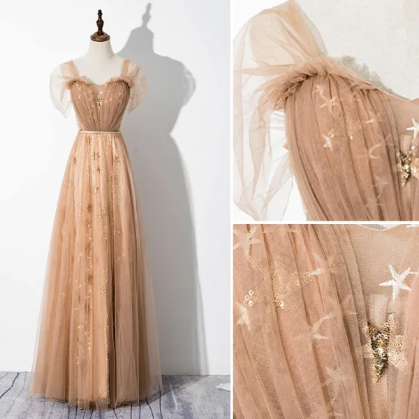 Élégant Champagne Robe De Soirée 2020 Princesse Encolure Carrée Étoile En Dentelle Paillettes Manches Courtes Dos Nu Longue Robe De Ceremonie