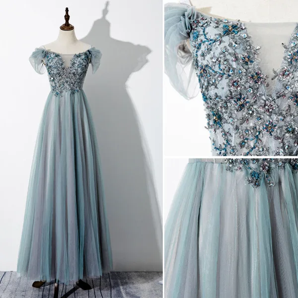 Chic / Beautiful Jade Green Evening Dresses 2020 A-Line / Princess Off-The-Shoulder Beading Sequins Lace Flower Short Sleeve Backless Floor-Length / Long Formal Dresses