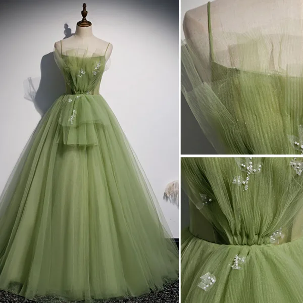 Elegant Clover Green Ruffle Prom Dresses 2020 A-Line / Princess Spaghetti Straps Pearl Sleeveless Backless Floor-Length / Long Formal Dresses