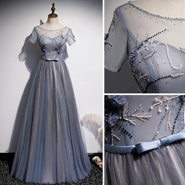 Chic / Beautiful Ocean Blue Evening Dresses 2020 A-Line / Princess Beading Lace Flower Sequins Scoop Neck Short Sleeve Backless Floor-Length / Long Formal Dresses