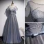 Chic / Beautiful Ocean Blue Evening Dresses  2020 A-Line / Princess Beading Lace Flower Sequins Scoop Neck Short Sleeve Backless Floor-Length / Long Formal Dresses