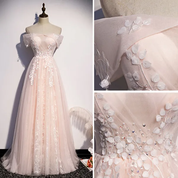 Élégant Rougissant Rose Robe De Soirée 2020 Princesse De l'épaule Perle Paillettes Appliques Sans Manches Dos Nu Longue Robe De Ceremonie