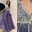 Charming Purple Evening Dresses  2020 A-Line / Princess V-Neck Beading Sequins Sleeveless Backless Floor-Length / Long Formal Dresses