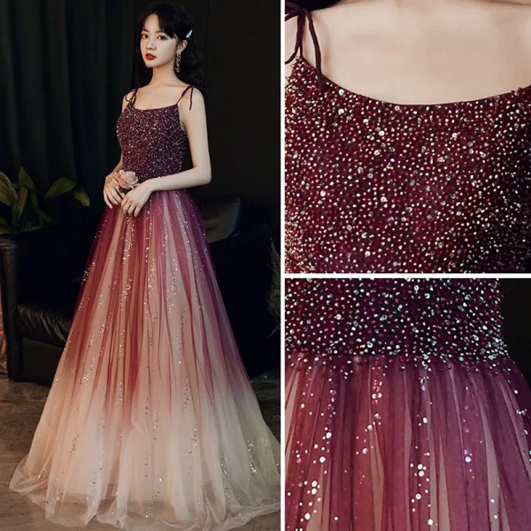 Charmant Bordeaux Robe De Soirée 2020 Princesse Bretelles Spaghetti Perlage Paillettes Sans Manches Dos Nu Longue Robe De Ceremonie